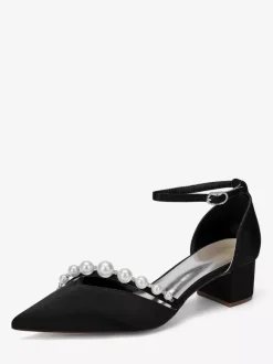 Satin Wedding Shoes Pointed Toe Pearls Ankle Strap Chunky Heel Pumps
