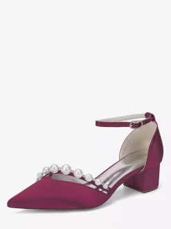 Satin Wedding Shoes Pointed Toe Pearls Ankle Strap Chunky Heel Pumps