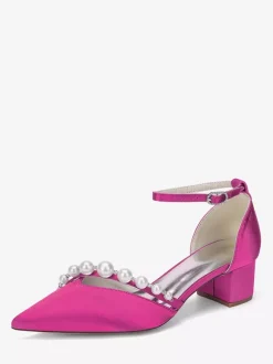 Satin Wedding Shoes Pointed Toe Pearls Ankle Strap Chunky Heel Pumps