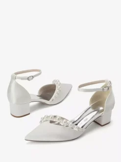 Satin Wedding Shoes Pointed Toe Pearls Ankle Strap Chunky Heel Pumps