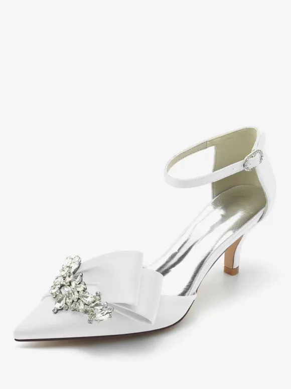 Satin Wedding Shoes Pointed Toe Bow Rhinestones Kitten Heel Bridal Pumps