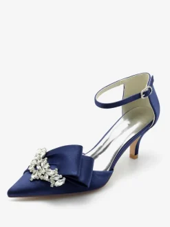 Satin Wedding Shoes Pointed Toe Bow Rhinestones Kitten Heel Bridal Pumps