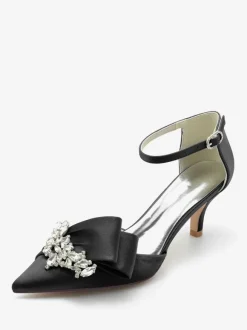 Satin Wedding Shoes Pointed Toe Bow Rhinestones Kitten Heel Bridal Pumps