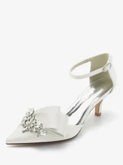 Satin Wedding Shoes Pointed Toe Bow Rhinestones Kitten Heel Bridal Pumps