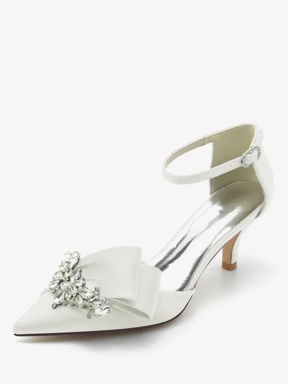 Satin Wedding Shoes Pointed Toe Bow Rhinestones Kitten Heel Bridal Pumps