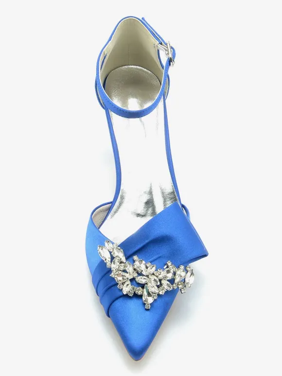 Satin Wedding Shoes Pointed Toe Bow Rhinestones Kitten Heel Bridal Pumps