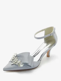 Satin Wedding Shoes Pointed Toe Bow Rhinestones Kitten Heel Bridal Pumps