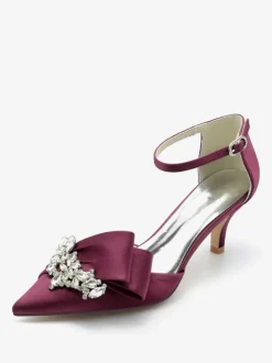 Satin Wedding Shoes Pointed Toe Bow Rhinestones Kitten Heel Bridal Pumps