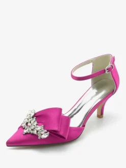 Satin Wedding Shoes Pointed Toe Bow Rhinestones Kitten Heel Bridal Pumps