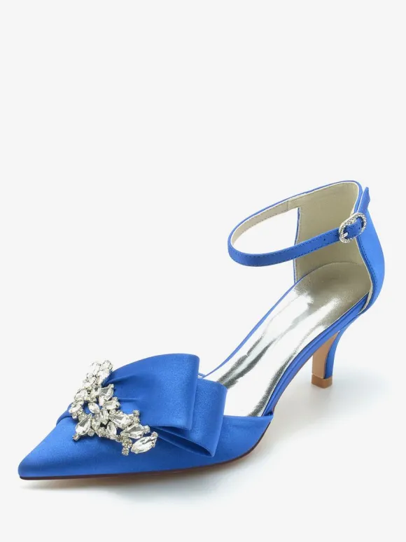 Satin Wedding Shoes Pointed Toe Bow Rhinestones Kitten Heel Bridal Pumps