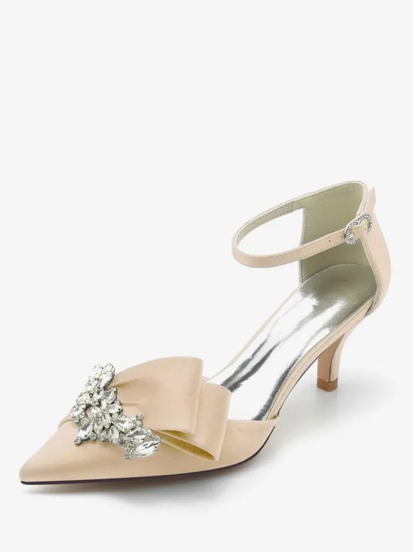 Satin Wedding Shoes Pointed Toe Bow Rhinestones Kitten Heel Bridal Pumps