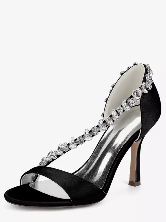 Satin Wedding Shoes Pointy Toe Rhinestones High Heel Bridal Shoes