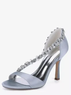 Satin Wedding Shoes Pointy Toe Rhinestones High Heel Bridal Shoes