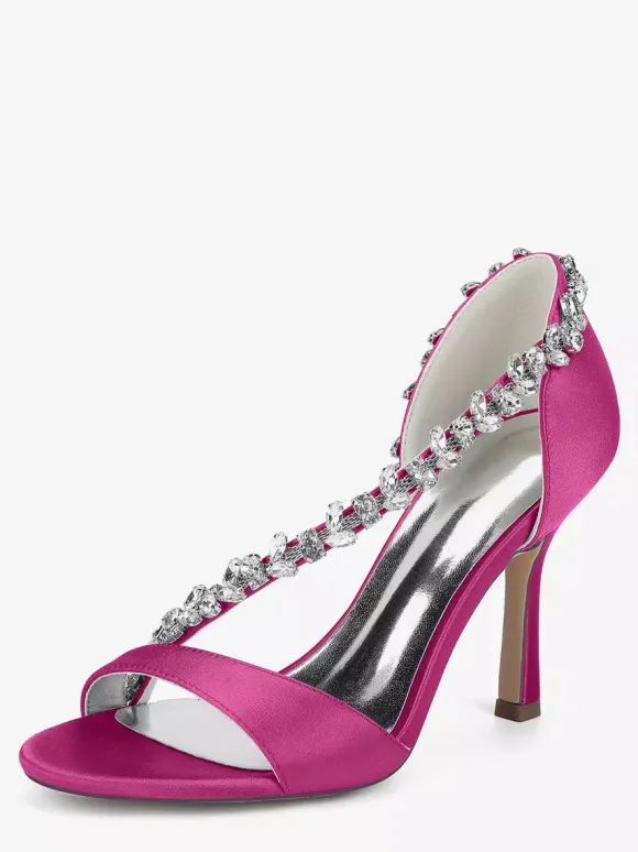 Satin Wedding Shoes Pointy Toe Rhinestones High Heel Bridal Shoes