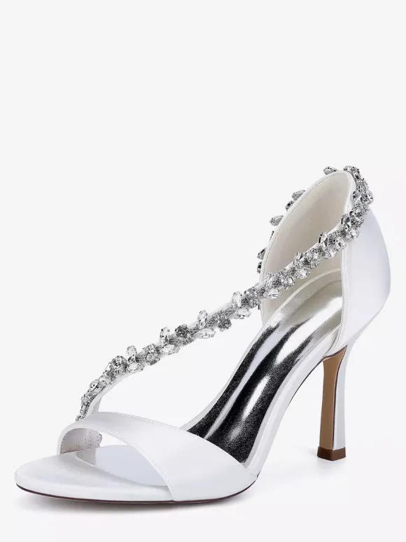 Satin Wedding Shoes Pointy Toe Rhinestones High Heel Bridal Shoes