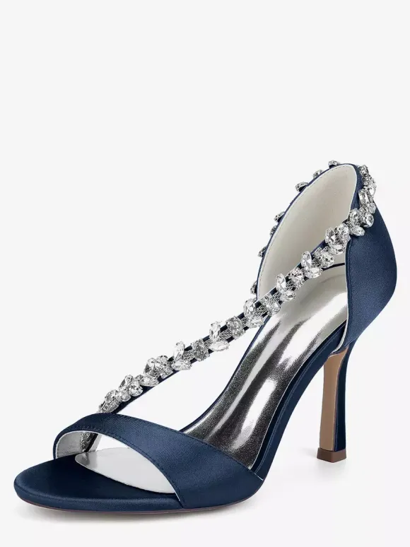 Satin Wedding Shoes Pointy Toe Rhinestones High Heel Bridal Shoes