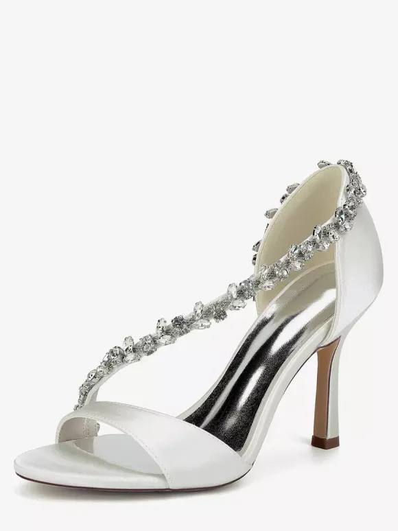 Satin Wedding Shoes Pointy Toe Rhinestones High Heel Bridal Shoes