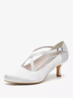 Satin Wedding Shoes Round Toe Criss Cross Vintage Bridal Shoes