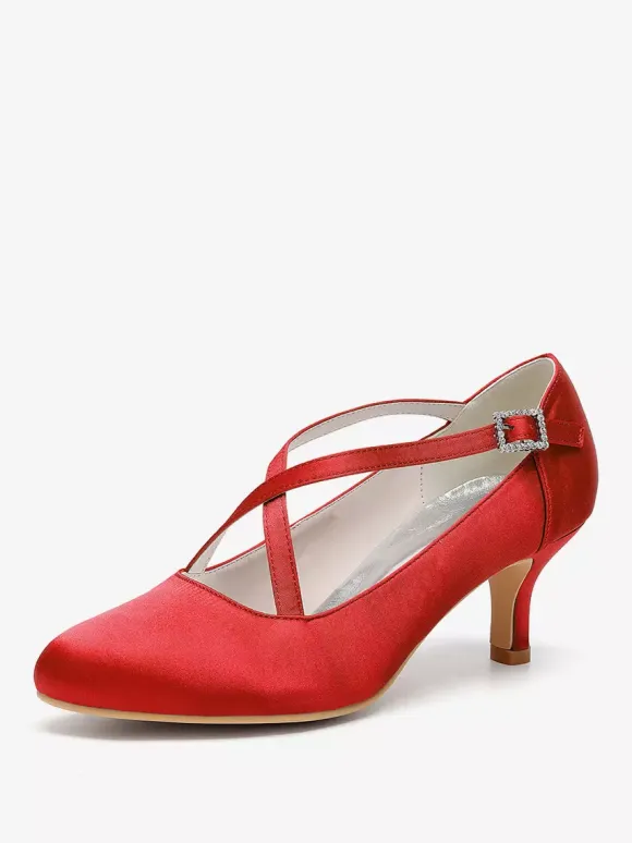 Satin Wedding Shoes Round Toe Criss Cross Vintage Bridal Shoes