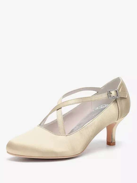 Satin Wedding Shoes Round Toe Criss Cross Vintage Bridal Shoes