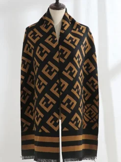 Scarf For Women Stripes Fringe Wool Black Scarf