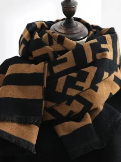 Scarf For Women Stripes Fringe Wool Black Scarf