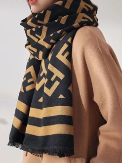 Scarf For Women Stripes Fringe Wool Black Scarf