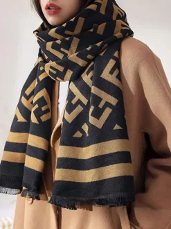 Scarf For Women Stripes Fringe Wool Black Scarf