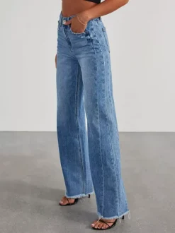 Seam Front Wide Leg Jeans For Women - Retro Raw Hem Washed Denim - Spring Casual Streetwear 2026