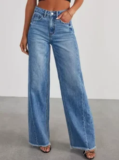 Seam Front Wide Leg Jeans For Women - Retro Raw Hem Washed Denim - Spring Casual Streetwear 2026