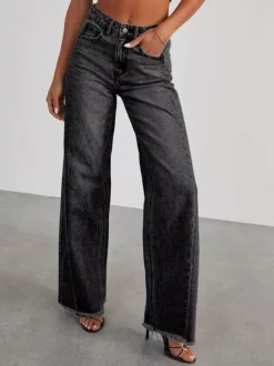 Seam Front Wide Leg Jeans For Women - Retro Raw Hem Washed Denim - Spring Casual Streetwear 2026