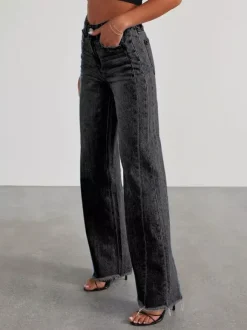 Seam Front Wide Leg Jeans For Women - Retro Raw Hem Washed Denim - Spring Casual Streetwear 2026