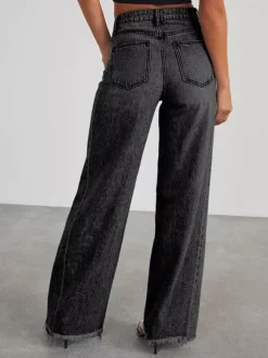 Seam Front Wide Leg Jeans For Women - Retro Raw Hem Washed Denim - Spring Casual Streetwear 2026