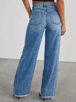 Seam Front Wide Leg Jeans For Women - Retro Raw Hem Washed Denim - Spring Casual Streetwear 2026