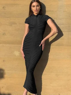 See Through Bodycon Dress Short Sleeve Ruched Night Out Maxi Dresses