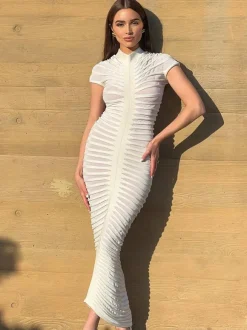 See Through Bodycon Dress Short Sleeve Ruched Night Out Maxi Dresses