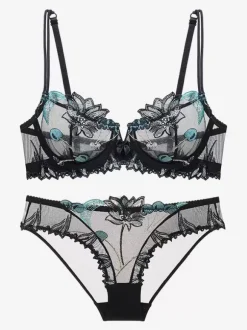 See Through Flower Chic Lingerie 2-Piece Lace Black Bra Panty Sets