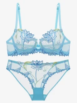 See Through Flower Chic Lingerie 2-Piece Lace Black Bra Panty Sets
