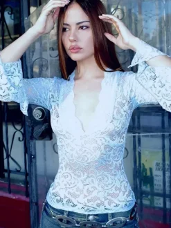 See Through Floral Lace Bell Sleeve Slim Cropped Blouse