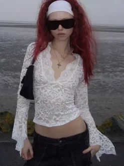 See Through Floral Lace Bell Sleeve Slim Cropped Blouse