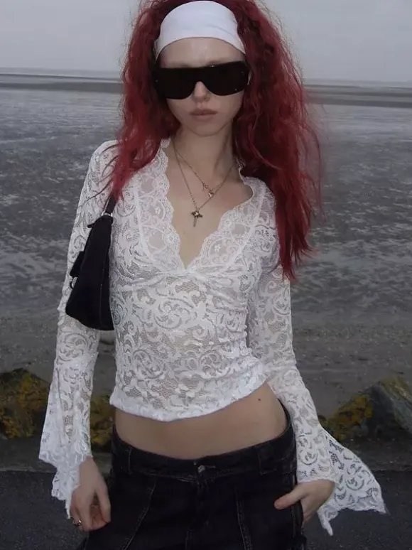 See Through Floral Lace Bell Sleeve Slim Cropped Blouse