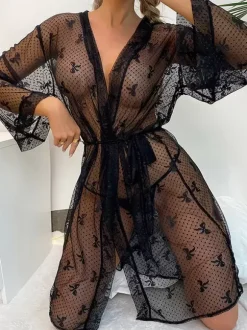 See Through Sheer Dating Robes Lace Lingerie Sleepwear Nightgown