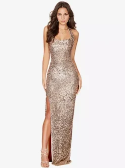 Sequin Birthday Party Dresses Sleeveless High-slit Semi Formal Prom Dress