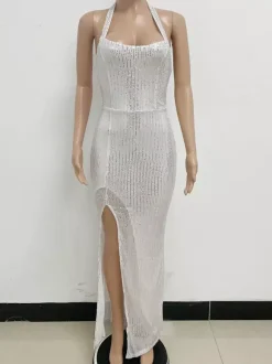 Sequin Birthday Party Dresses Sleeveless High-slit Semi Formal Prom Dress