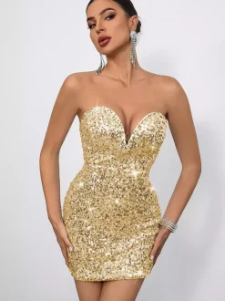 Sequin Bodycon Mini Dress With Sweetheart Neck And Bow Back For Parties 2026