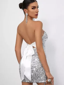 Sequin Bodycon Mini Dress With Sweetheart Neck And Bow Back For Parties 2026