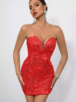 Sequin Bodycon Mini Dress With Sweetheart Neck And Bow Back For Parties 2026