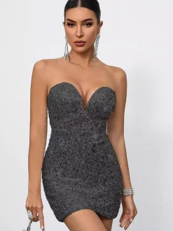 Sequin Bodycon Mini Dress With Sweetheart Neck And Bow Back For Parties 2026