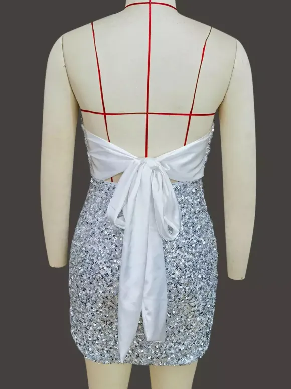 Sequin Bodycon Mini Dress With Sweetheart Neck And Bow Back For Parties 2026