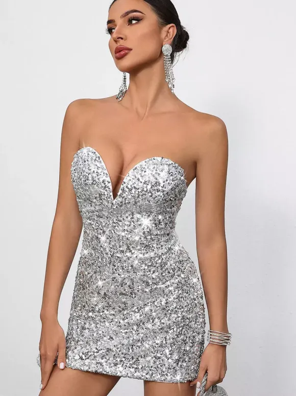 Sequin Bodycon Mini Dress With Sweetheart Neck And Bow Back For Parties 2026